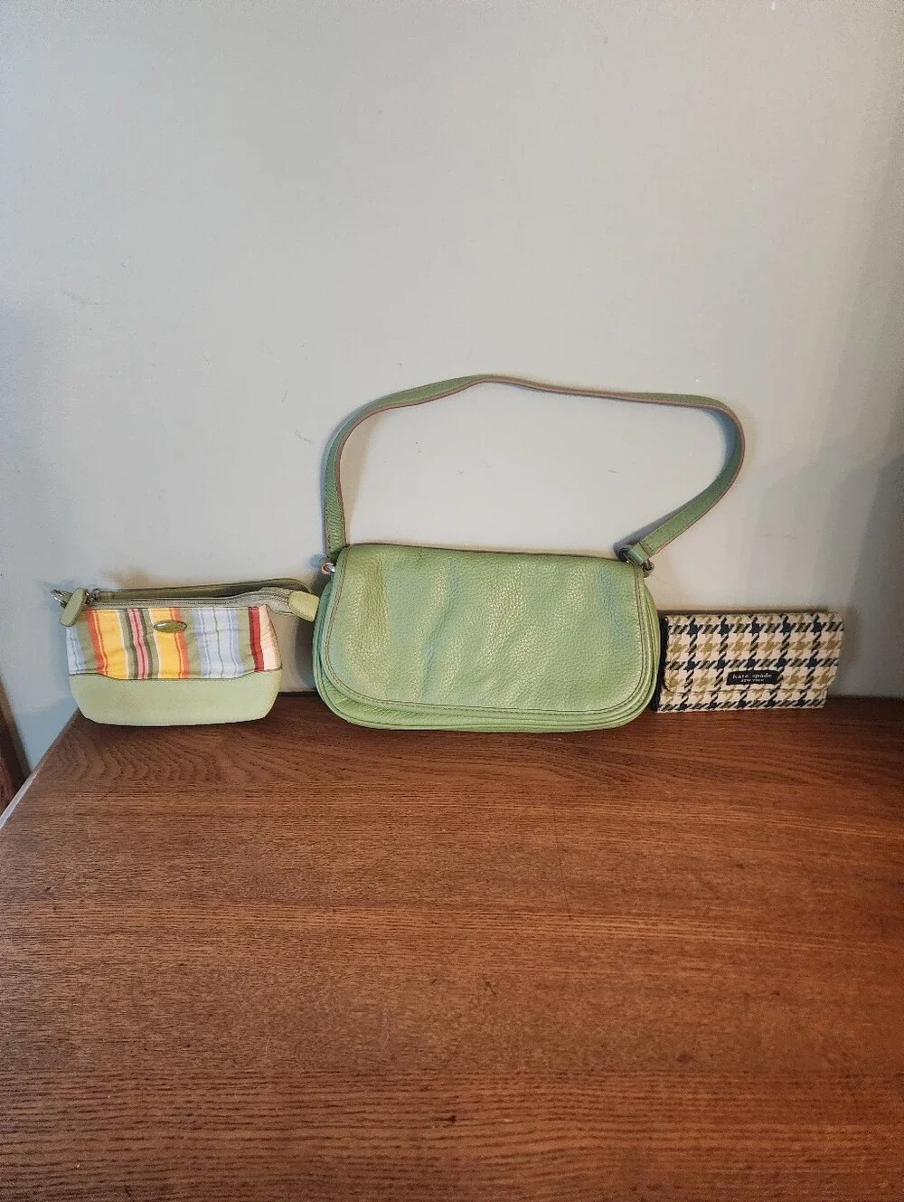 Wilsons Green Leather Bag & Longaberger Pouch W/free Wallet